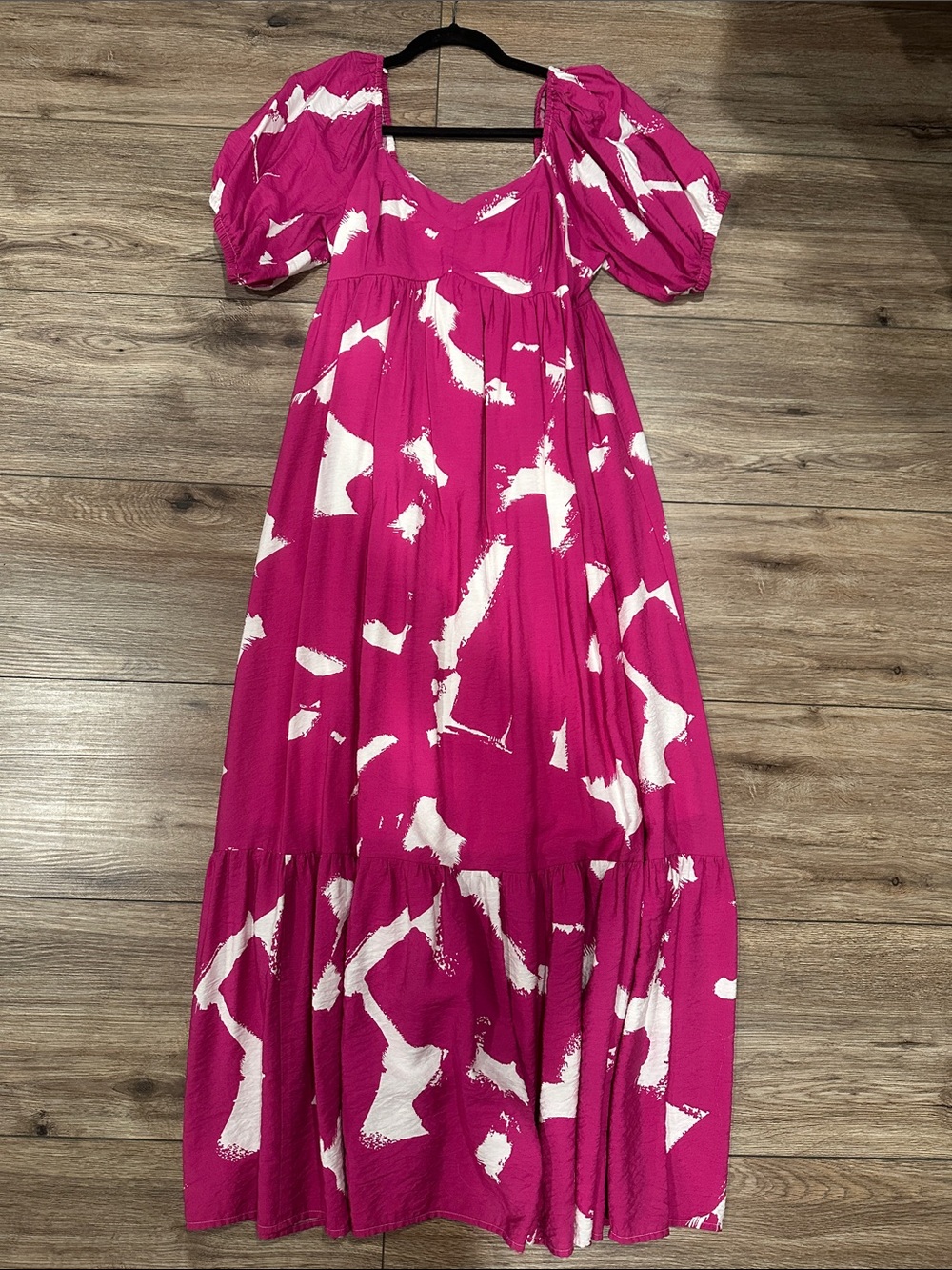 Nine West Pink & White Puff Sleeve Smocked Back Maxi Dress Size Medium